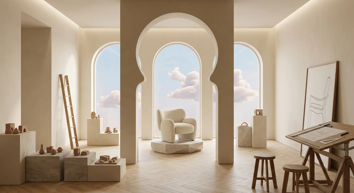 The atelier scene with the boucle armchair placed