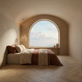 Moodboard scene: bedroom by the arched window